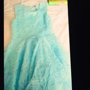 A lace light blue dress with rose ruffles in lace.